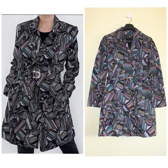 Duro Olowu Abstract Print Multicolor Women Trench Jacket XS Double Breasted - Picture 1 of 12